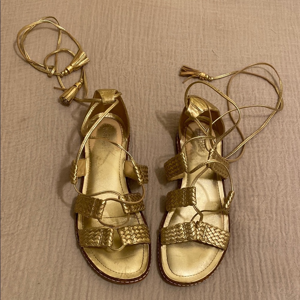 Michael Kors Gold Lace-Up Braided Leather Sandals - Women. Size 7 1/2